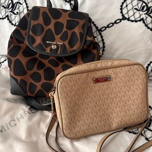 Michael Kors Brown & Beige Giraffe-Print Backpack with Beige MK Crossbody